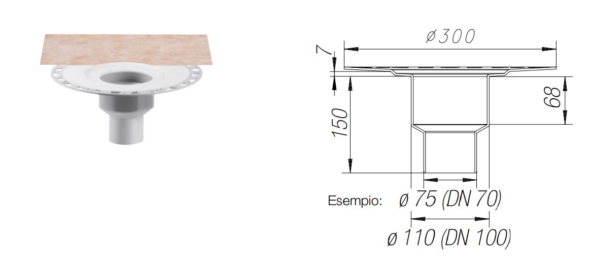 Kerdi Drain Set Scarico Vert. Dn100 Senza Sifone